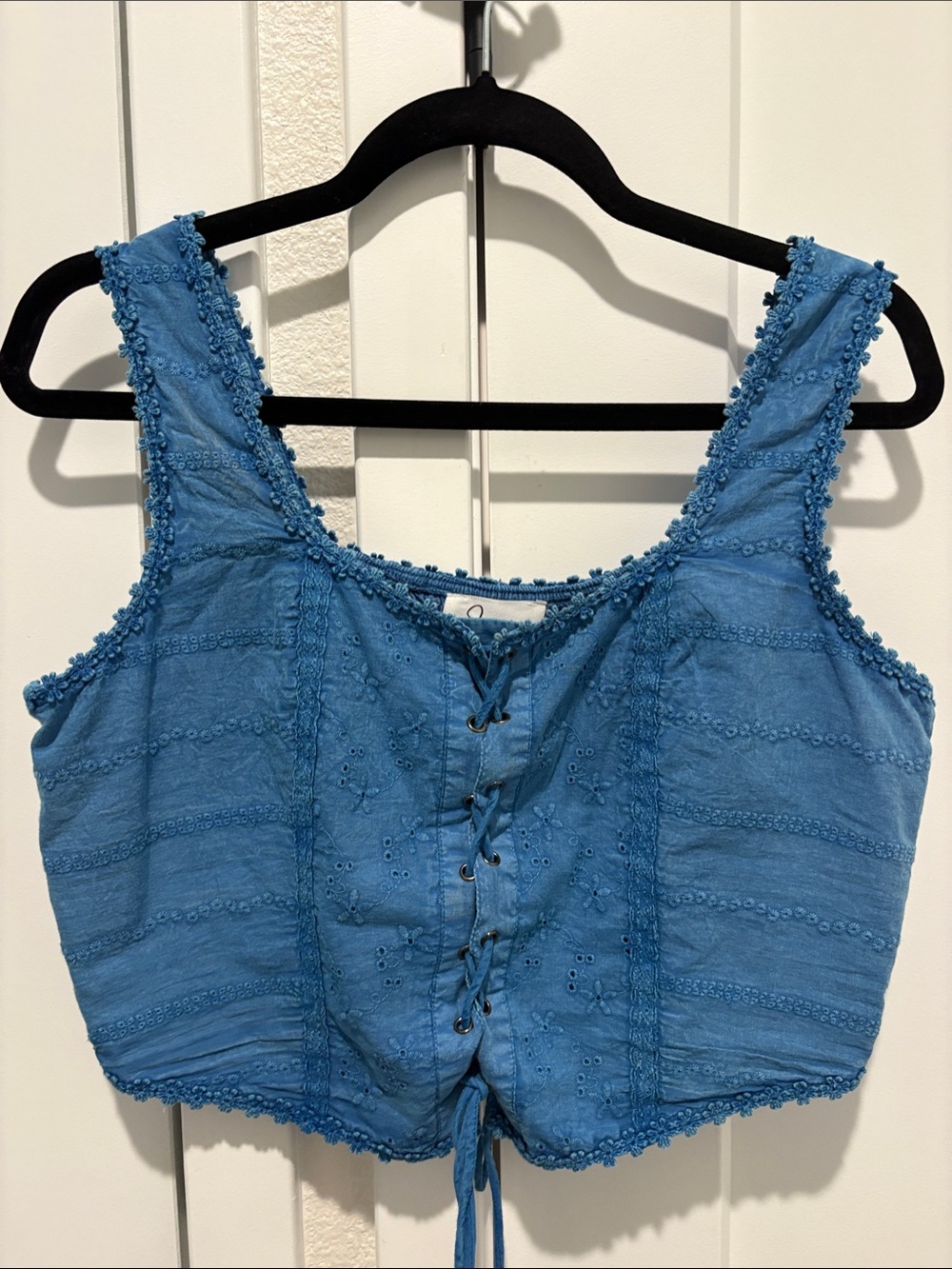 Blue Cotton Lace-Up Crochet Trim Crop Tank Top